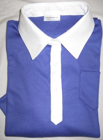 blue polo shirt with tie collar